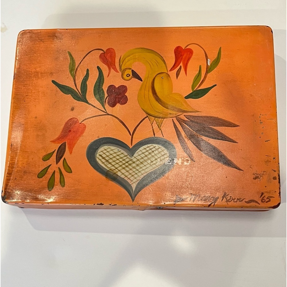 Vintage Tin Box Hinged Lid Hand Painted Bird Signed 1965 Peach Yellow Green